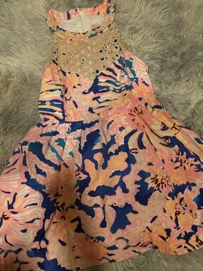 Girls' Pink & Blue Floral Halter Dress with Embellished Neckline